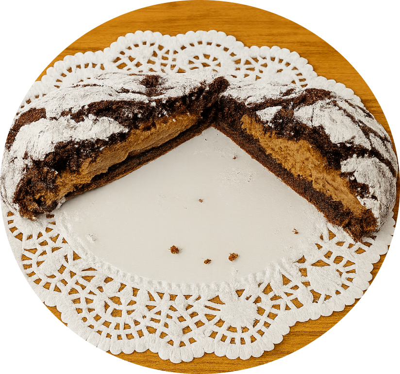 Helen’s Hidden Agenda A rich chocolate cookie stuffed with peanut butter whip and covered in powdered sugar