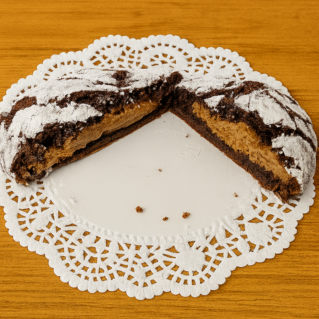 Image of a chocolate cookie stuffed with peanut butter and covered in powdered sugar split in half on a doily on a table