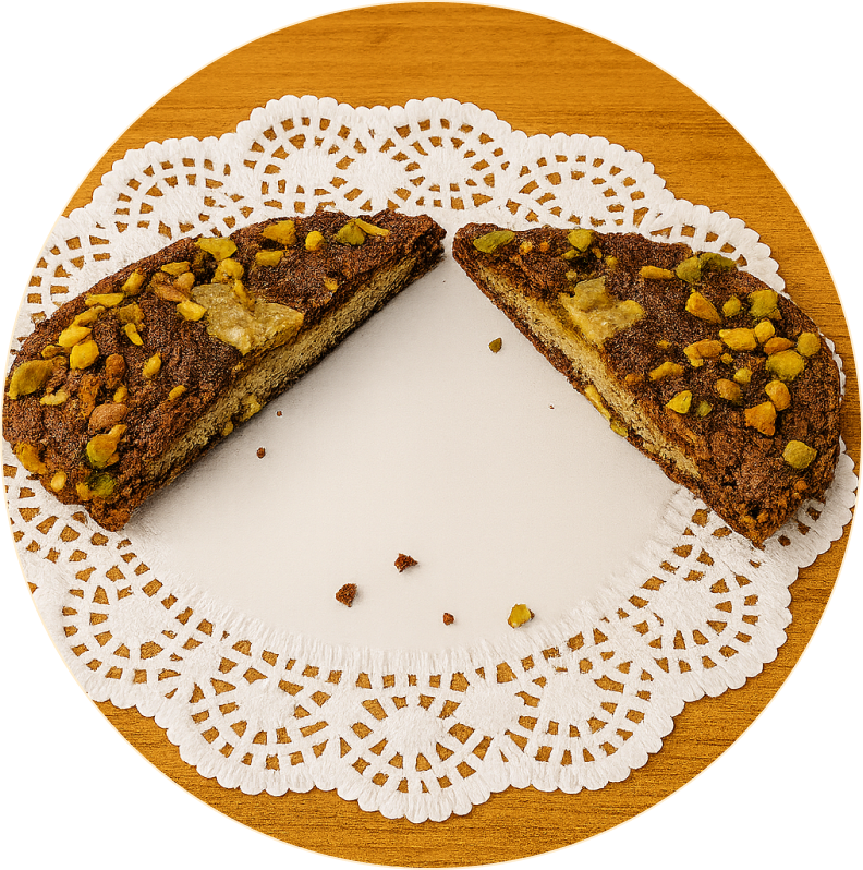 The Pistachio Conspiracy: A luxurious chocolate cookie stuffed with pistachio kadaifi and covered in pistachios.