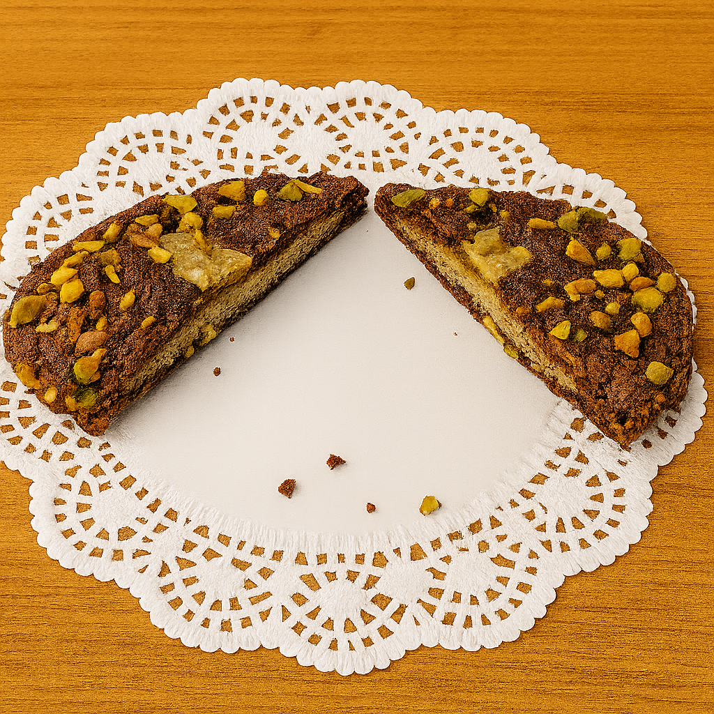 Image of a chocolate cookie stuffed with pistachio creme and covered in chopped pistachios on a doily on a table