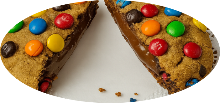Peanut Butter Panic A decadent peanut butter cookie stuffed with Nutella and covered in Mini M&Ms