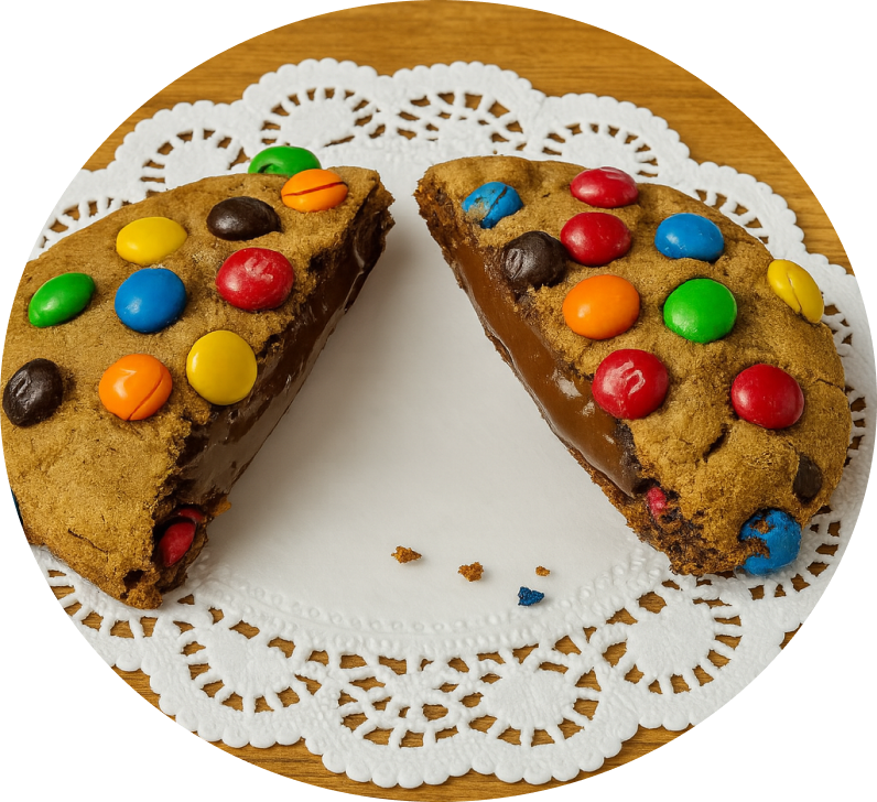 Peanut Butter Panic A decadent peanut butter cookie stuffed with Nutella and covered in Mini M&Ms